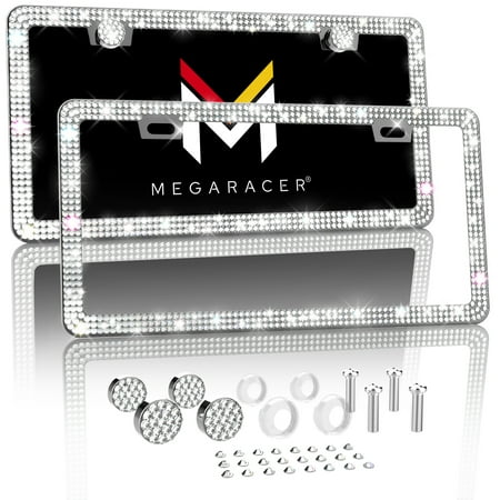 Mega Racer Bling License Plate Frame 2 Pack, Crystal Diamond Rhinestone, 2 holes Stainless Steel