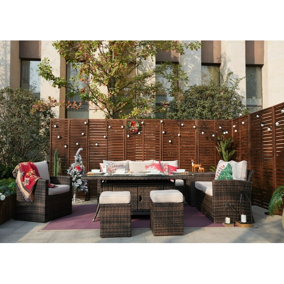 Abrihome 7-piece Outdoor Patio Furniture Set with 71'' Rectangle Gas Fire Pit Table Patio Furniture Sectional Sofa Set,Brown