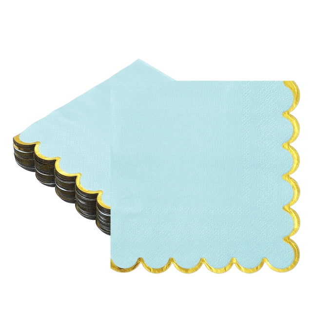Uxcell 50 Pcs Servilletas de Cóctel con Borde Ondulado y Foil Dorado, 5 x 5 Pulgadas Servilletas de Papel Desechables para Decoraciones de Mesa de Fiesta de Compromiso, Boda, Aniversario, Azul Claro