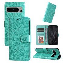 SaniMore for Google Pixel 8 Pro Wallet Case, Shockproof PU Leather Stand Cover with Card Slot Flip Kickstand Embossed Flower Magnetic Clasp Wrist Strap for Google Pixel 8 Pro, Green