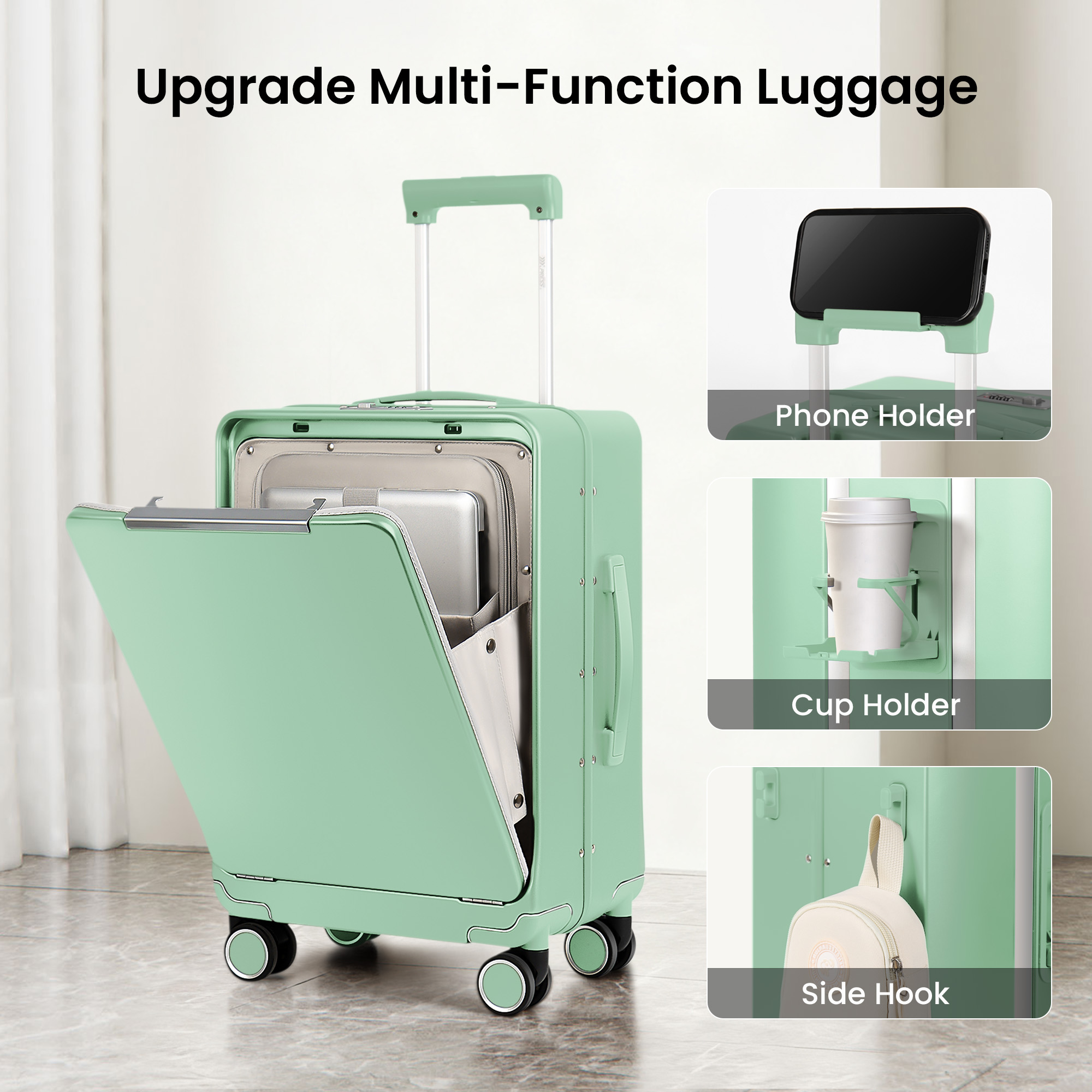 New York Xpress 20" Zipperless Carry-on Luggage, Hardside Aluminum Frame Suitcase with Spinner Wheels, TSA Approved, Light Green - LA266