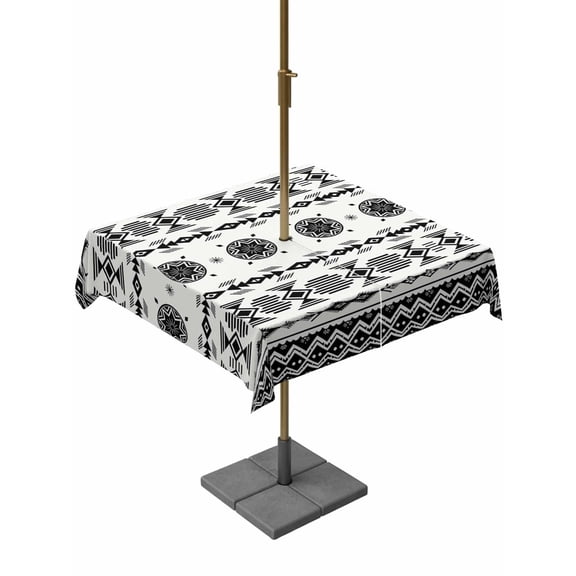 Outdoor Tablecloth with Umbrella Hole for Patio/Picnic/Party/Camping, Black White Boho Waterproof Table Cloth Square Cover Washable, Vintage Abstract Art Ethnic Tribe (54"x 54")