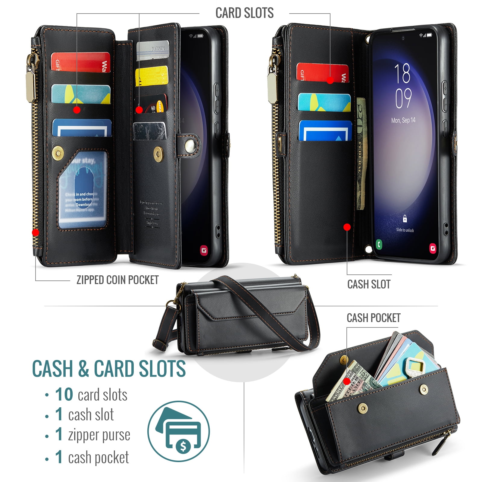 Compatible with Samsung Galaxy S23 Plus S23+ 5G Zipper Wallet Phone Case Tempered Glass Screen Protector Crossbody Lanyard Strap Flip Card Holder Slot Cell Cover for S23plus 23S +S 23 23+ Women Black