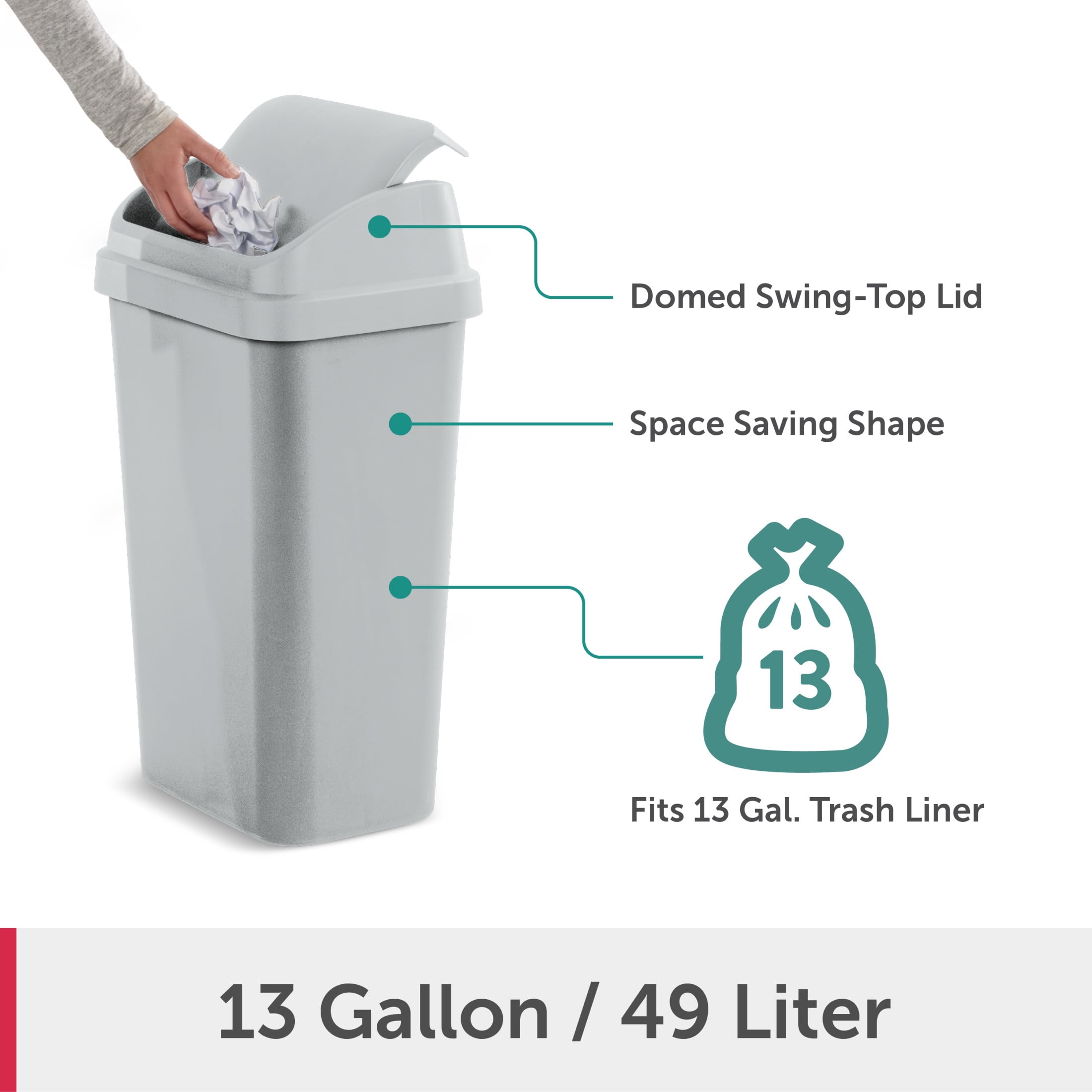 Sterilite Kitchen Trash Can, 13 Gallon Plastic Garbage Bin with Swing Top Lid, Light Gray