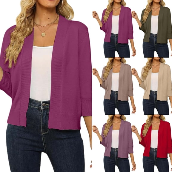 CAIXIA Womens 2026 Bolero Shrug 3/4 Sleeve Crochet Cropped Cardigan Open Front Knit Shrugs for Dresses