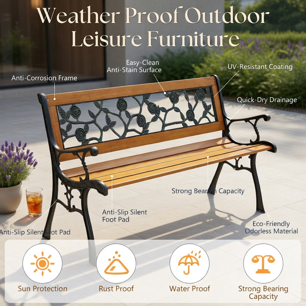 Hommoo 49.5" Cast Iron & Solid Wood Outdoor Garden Bench, Patio, Porch, or Yard Seating, Black + Natural