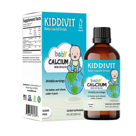 Kiddivit Baby Calcium Liquid Drops with Vitamin D3 & K2-24 Daily Servings, 4 Fl Oz (120 mL) - Inulin Fortified (Prebiotic, Dietary Fiber) - Sugar Free, Gluten Free, Vegetarian Friendly