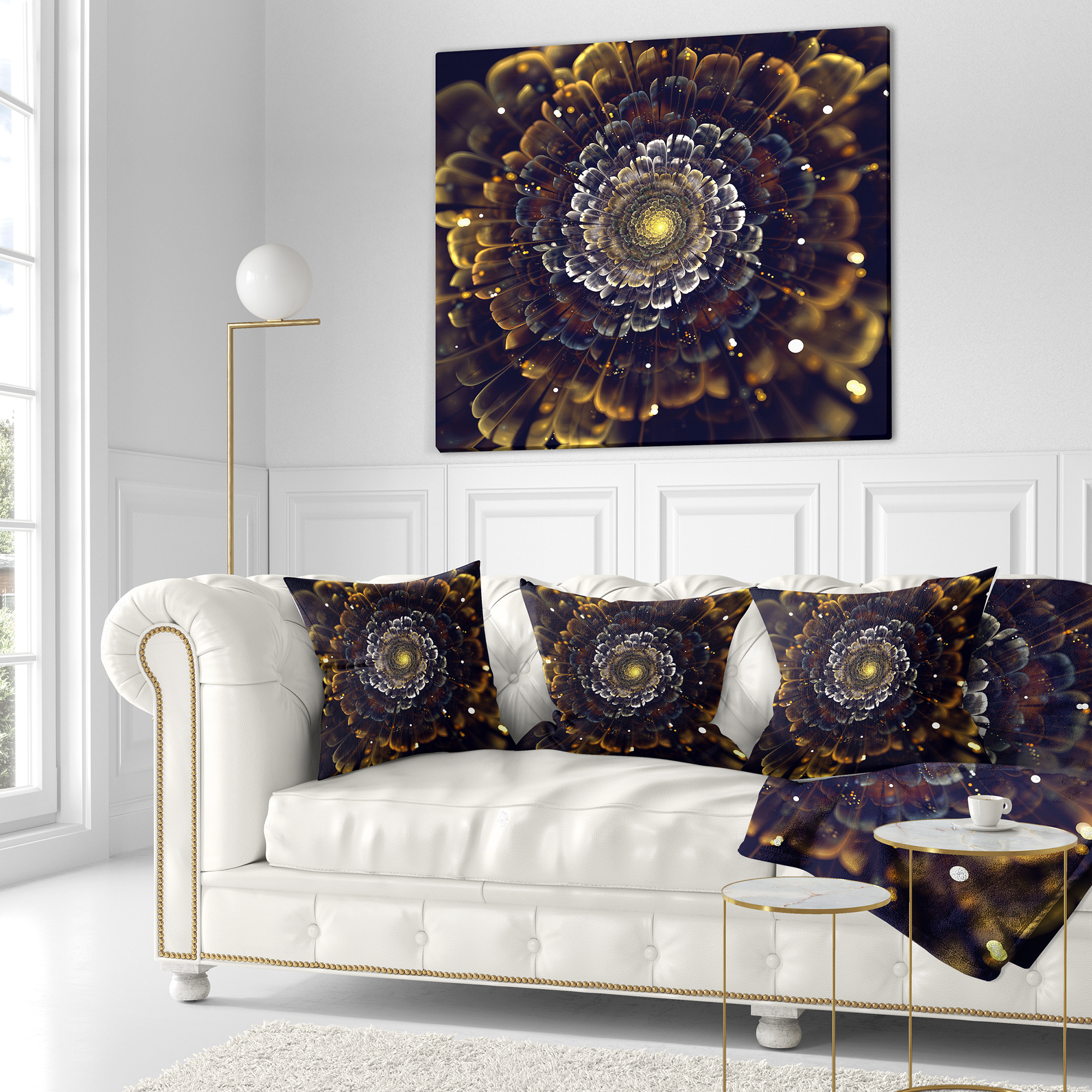 Designart Yellow Fractal Flowers with Violet - Abstract Throw Pillow - 16x16