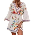 thumbnail image 3 of Women'S V-Neck Floral Print Bell Sleeve Elastic Waist Dress Casual Mini Dress White L, 3 of 9