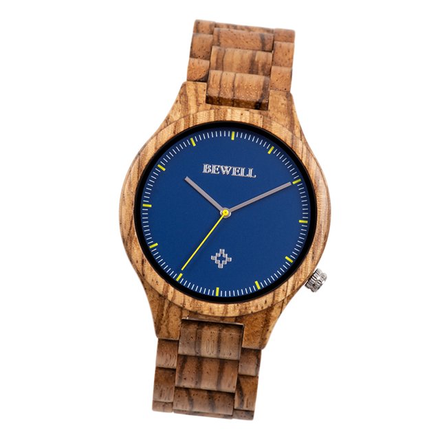 Reloj de madera para hombre analógico de correa de madera clara reloj de pulsera esfera azul Jinwen Reloj de pulsera de madera para hombre