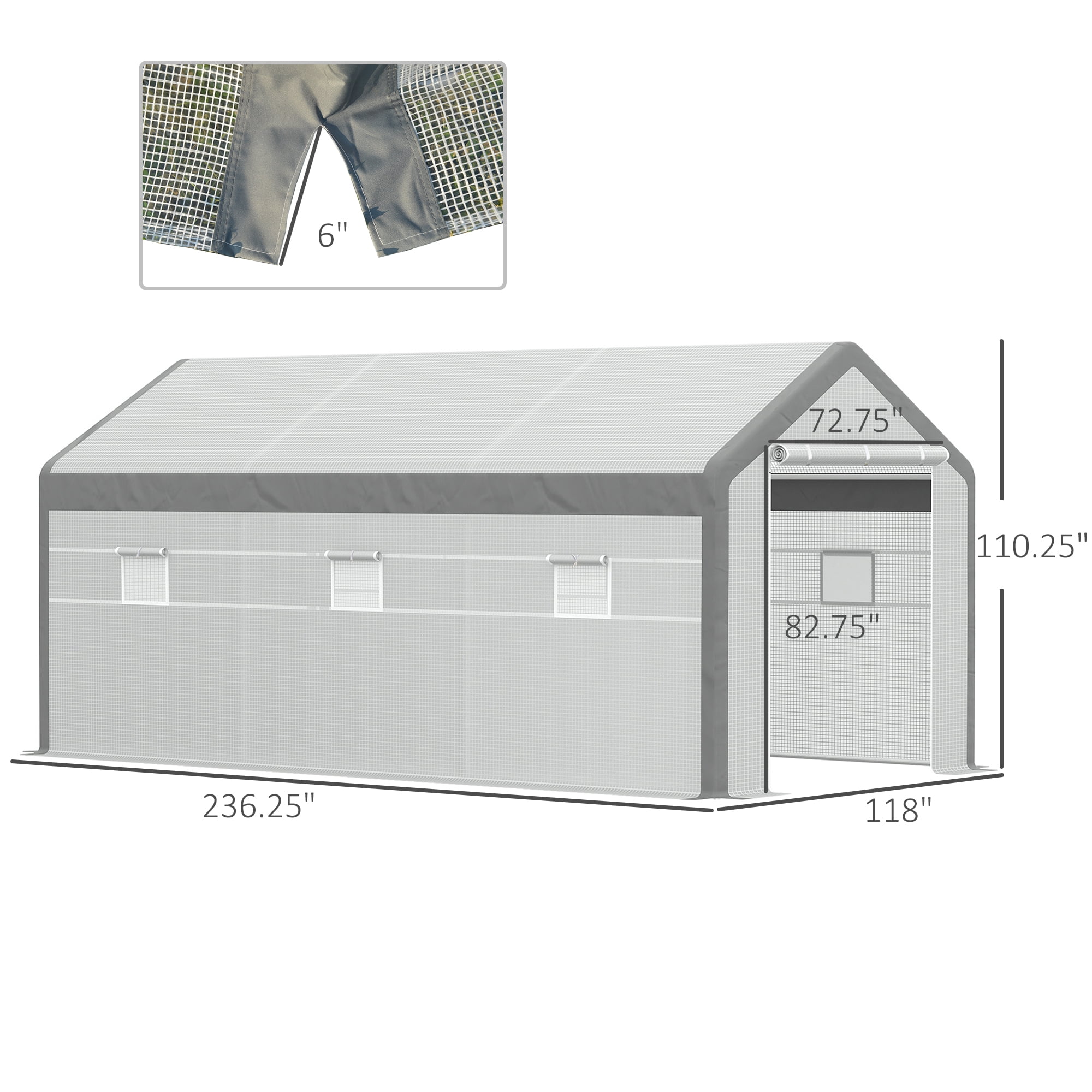 Outsunny 20' x 10' x 9' Walk-In Greenhouse, Outdoor Gardening Canopy with 6 Roll-up Windows, 2 Zippered Doors & Weather Cover, White