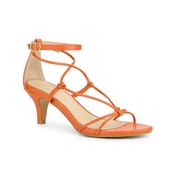 BLISSFUL STEP Strappy Knot Ankle Strap Kitten Heels Sandals for Women Orange 6