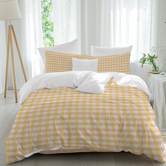 Orange Plaid Queen Duvet Cover Set, Country Vintage Farmhouse Minimalist Checkered Gingham 4 Piece Microfiber Bedding Set with Zipper Closure, Bed Sheet and 2 Pillow Shams, Soft Bedding Cover