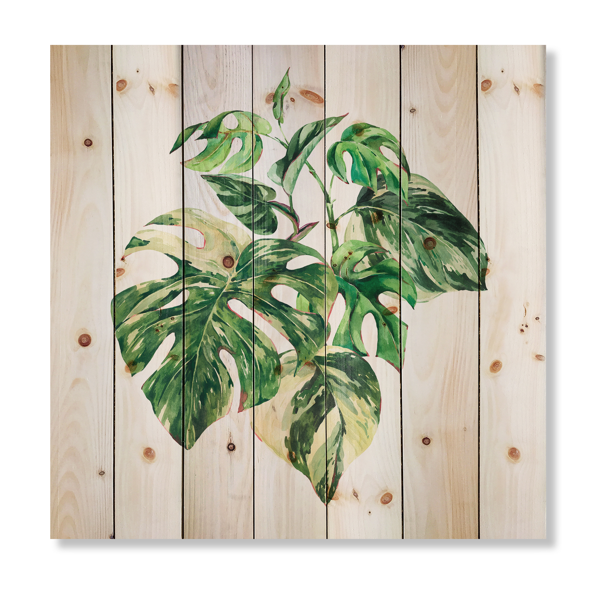 Designart 'Tropical Green Leaves On White In Summer Times I' Tropical Print on Natural Pine Wood