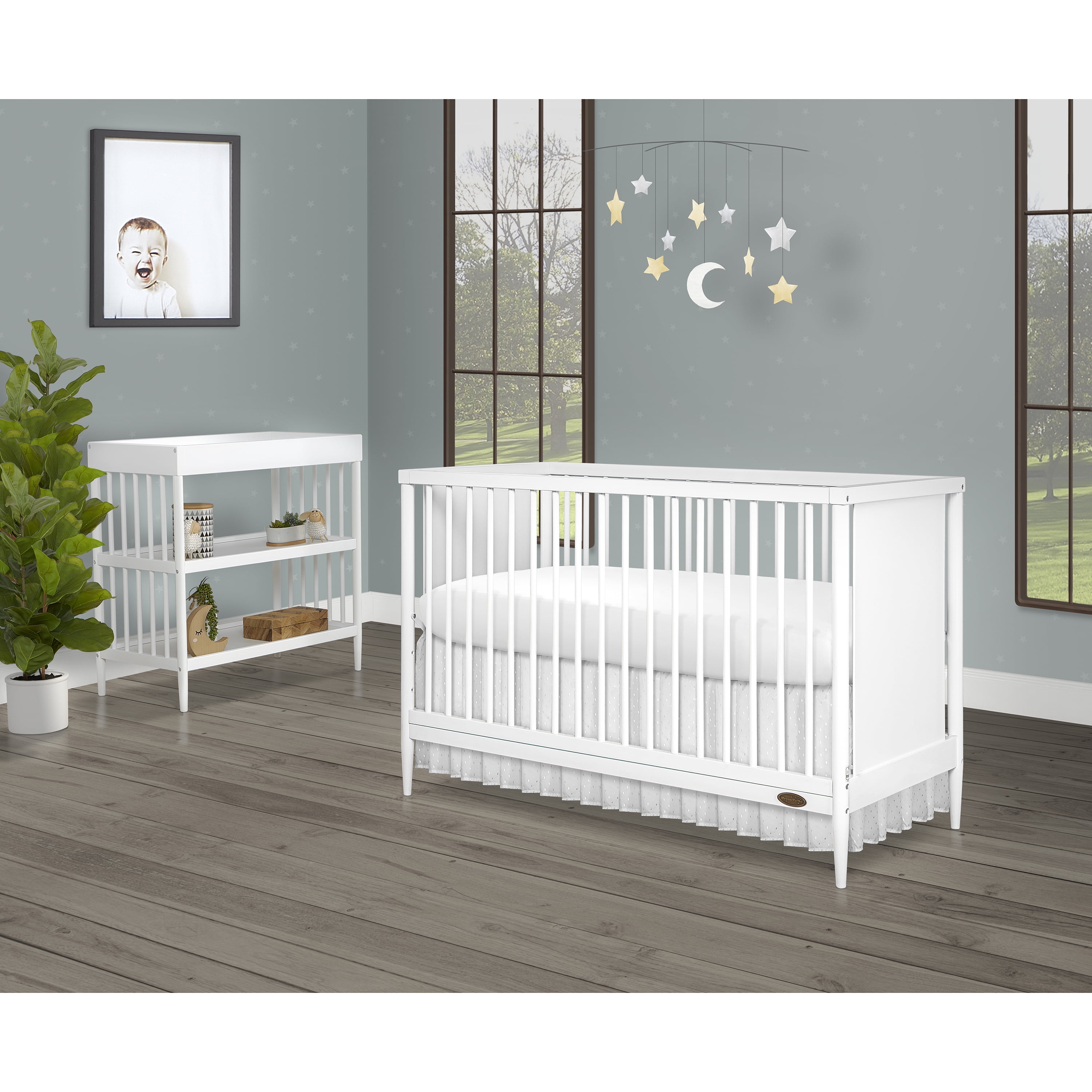Bundle of Dream On Me Clover 4 in 1 Modern Island Crib with Rounded Spindles, Dream On Me Clover Changing Table, with a Dream On Me Honeycomb Firm Fiber Standard Crib Mattress, White