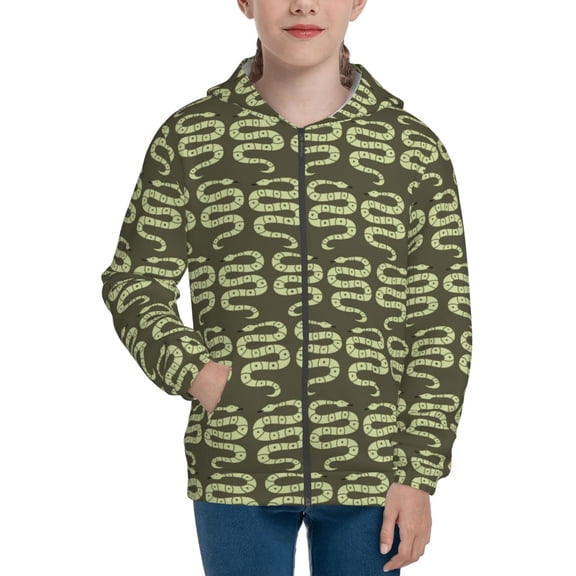 Naloa Green Snake Teenage Zipper Hoodie, Long Sleeve Zip Up Hoodies Casual Jackets Tops for 7-12 Years-Small