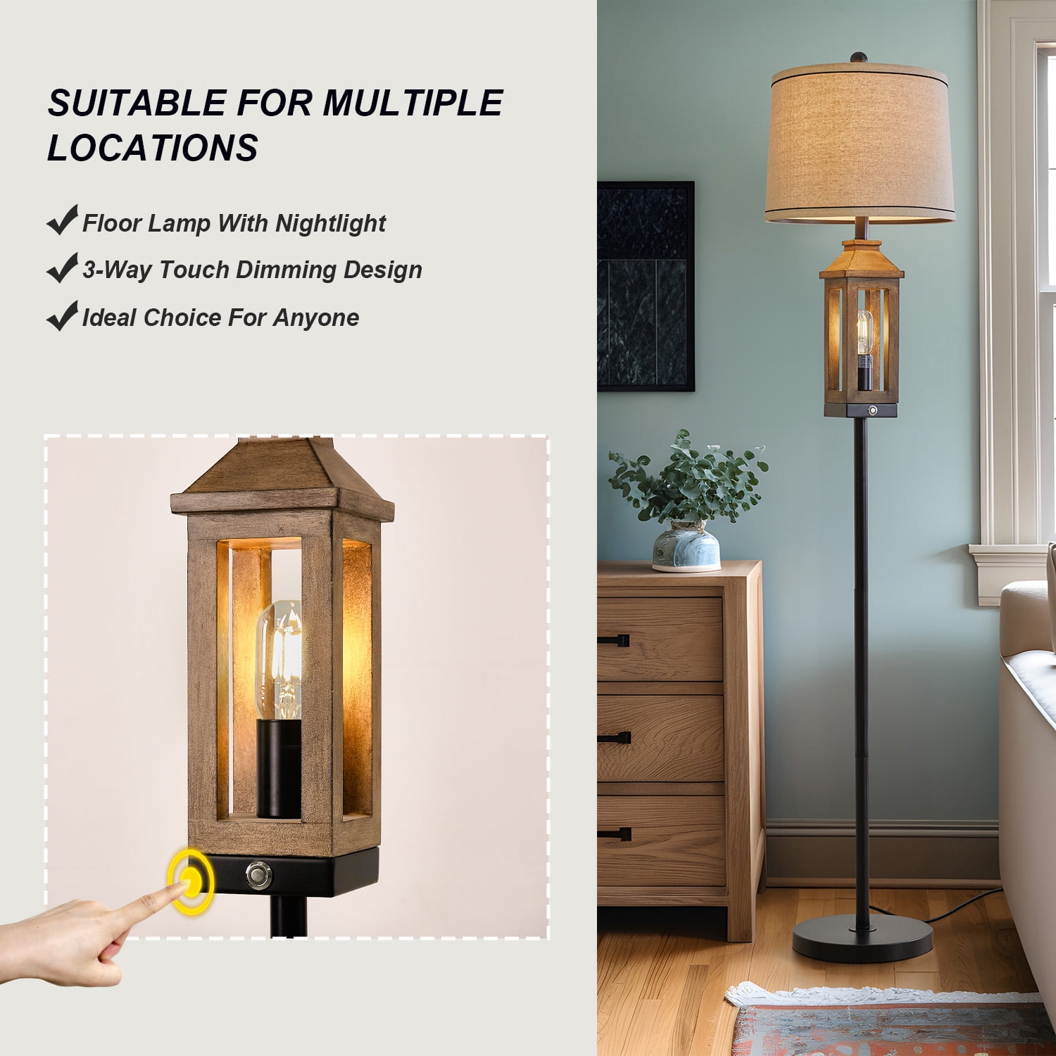 Oneach 63" 3 Way Dimmable Farmhouse Floor Lamp with 2 Light Sources ,Brown Metal Tall Standing Lamp for Bedroom, Living Room, Home