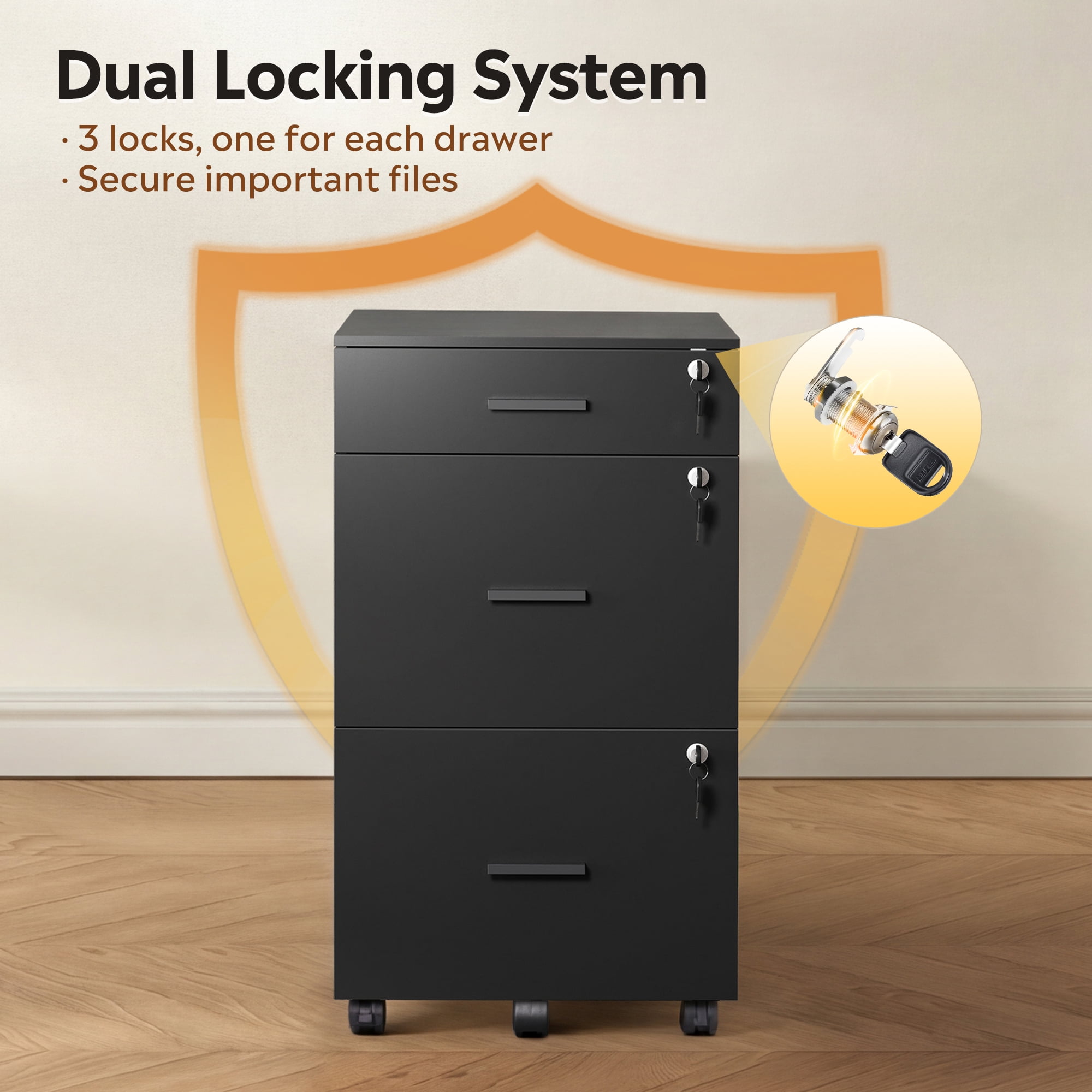 GALAXHERO Filing Cabinet with Lock and Key, 3 Drawer Rolling File Cabinet,  Wood File Cabinet for Home Office, Fits Letter/A4 Size, Black