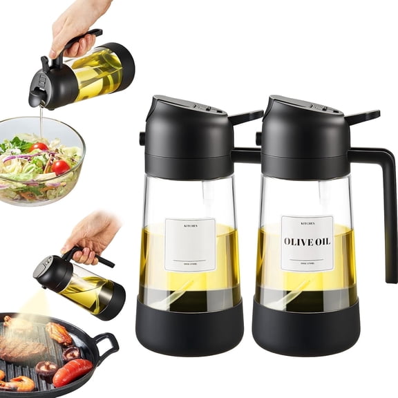 Ratrabas Oil Dipenser Bottle with Silicone Bottom, 2 in 1 Olive Oil Sprayer and Dispenser, Oil Spray Bottle 470ML/ 16oz for Cooking, Kitchen, Air Fryer, Salad, Baking(Black-2PCS)