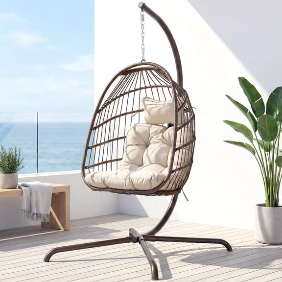 RADIATA Hanging Egg Chair with Stand, Outdoor Indoor Wicker Swing Chair with Cushions, 350lbs Capacity Patio Hammock Chair for Backyard, Balcony, Brown