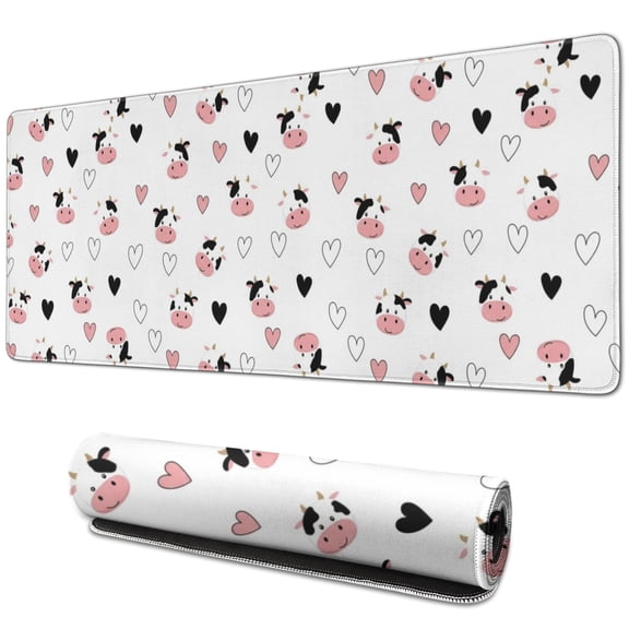 Long Mouse Pads for Desk,White Cow Heart Pattern Desk Mats on Top Of Desks, Desk Mouse Pad Extra Large with 3mm Non-Slip Base and Stitched Edge for Gaming,Office,Work,Home 31.5"x11.8"