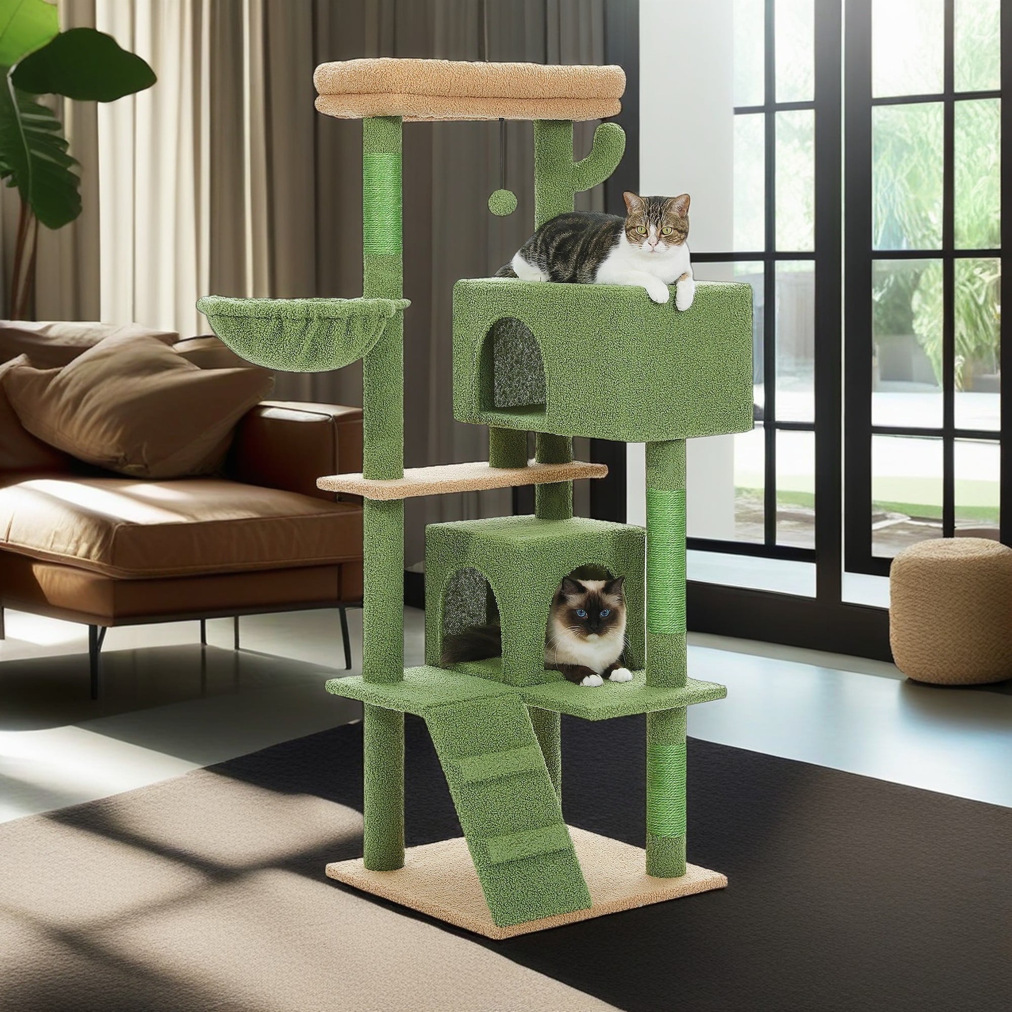Kadyn 56" Multi-Level Cat Tree Tower for Large Cats with Top Perch, Hammock, Climbing Ladder and 2 Condos, Cat Tree House for Multiple Cats, Dark Gray