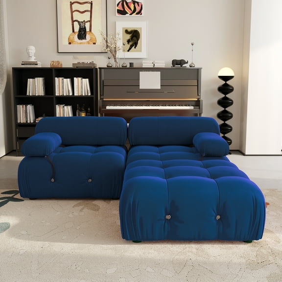 Magic Home 69.3" Modular Sectional Sofa with Movable Ottomans, Modern Flannel Fabric Deep Seat L-Shaped Cloud Couches Blue Couch for Living Room, Apartment, Office, 3-Seat, Blue