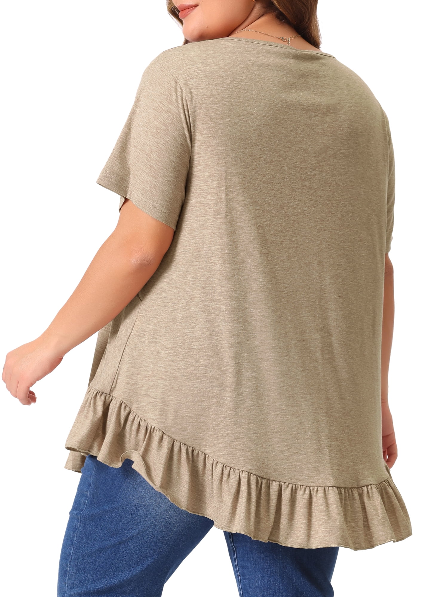 Women's Plus T Shirts Henley V Neck Button Up Short Sleeve Ruffled Hem Blouses Tops 2X Khaki Brown