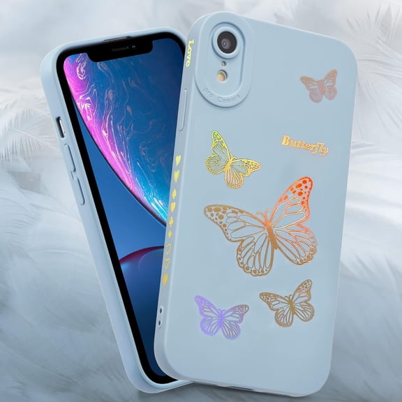 Case for iPhone XR, Glitter Cute Iridescent Butterfly Pattern Sparkly Bling Laser Case Soft TPU Bumper Slim Protective Women Girls Phone Cover - Blue