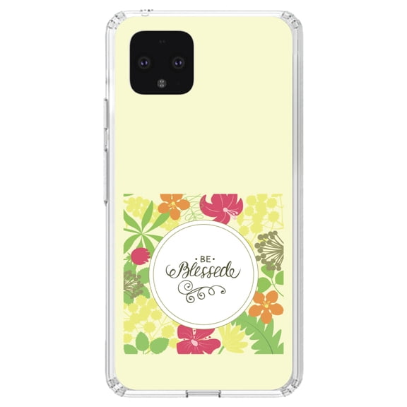 DistinctInk Clear Shockproof Hybrid Case for Google Pixel 4 (5.7" Screen) - TPU Bumper, Acrylic Back, Tempered Glass Screen Protector - Be Blessed - Floral Pattern Yellow