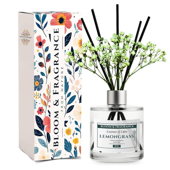 Lemongrass Reed Diffuser 50ml Set | Free 4 Fiber Reed Sticks | Stress Relief & Aromatherapy | Long-Lasting, Smoke-Free Air Freshener for Home, Bedroom and Office | Ideal for Gifting