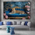thumbnail image 3 of Mudket Leopard on Blue Velvet Sofa with Peonies Canvas Wall Art, Framed Leopard Print Wall Decor for Living Room Bedroom, Elegant Animal Wall Art, Ready to Hang - 12"L x 8"W, 3 of 10