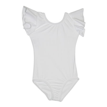 - Girls White Solid Color Flutter Sleeved Dancewear Leotard