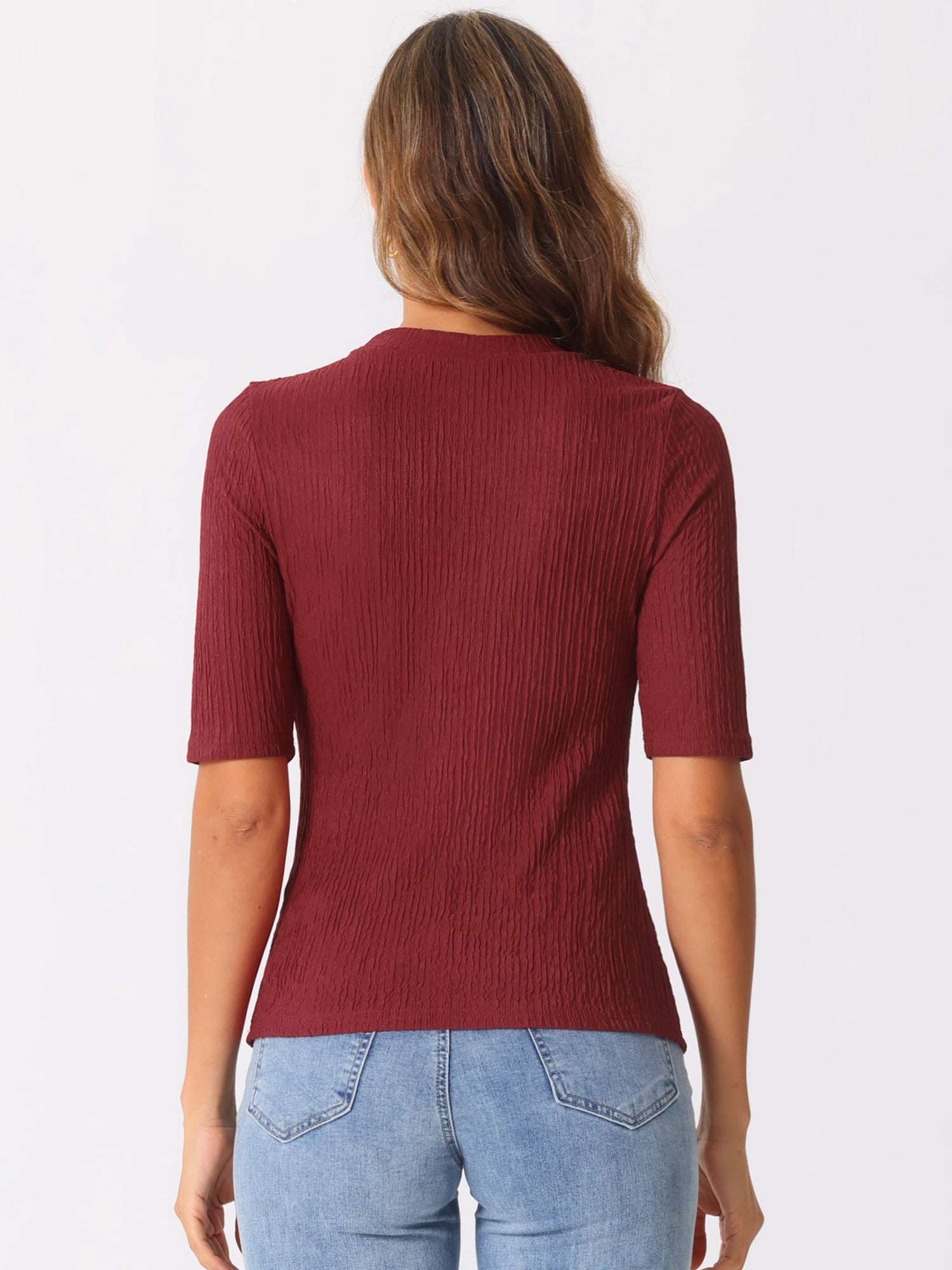 DARING DIVA Women's Crew Neck Top Ruched Half Sleeve Blouse M Dark Red