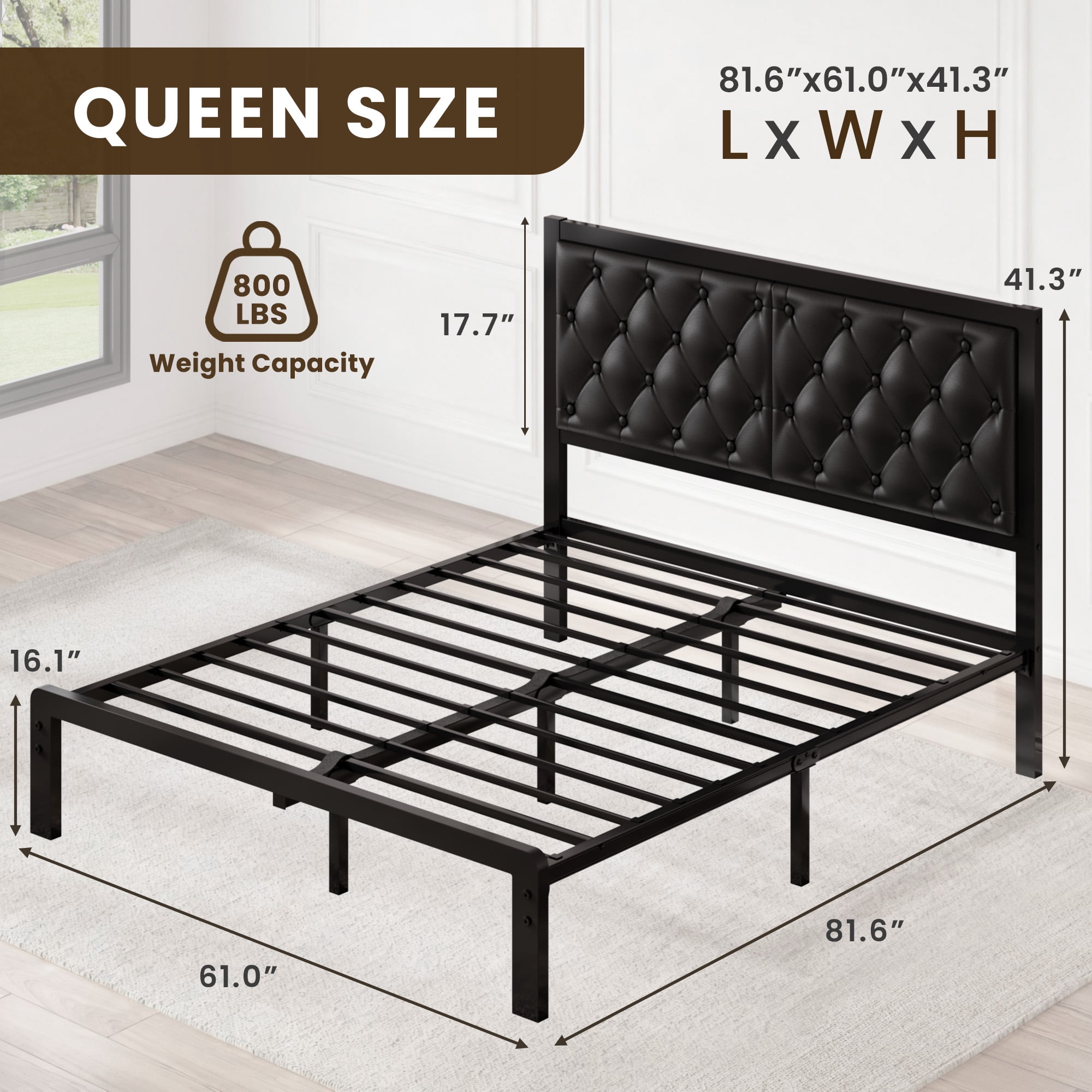 Lifezone Bed Frame with Upholstered Headboard, Queen, Metal Support, No Box Spring Needed, Modern Black