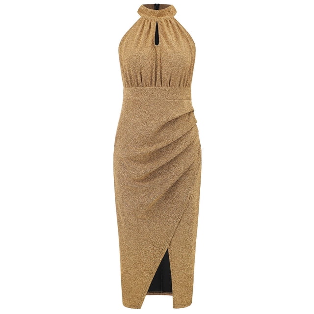 Birdeem Robe Femme Mode Sans Manches à Col Montant Fendue Irrégulière