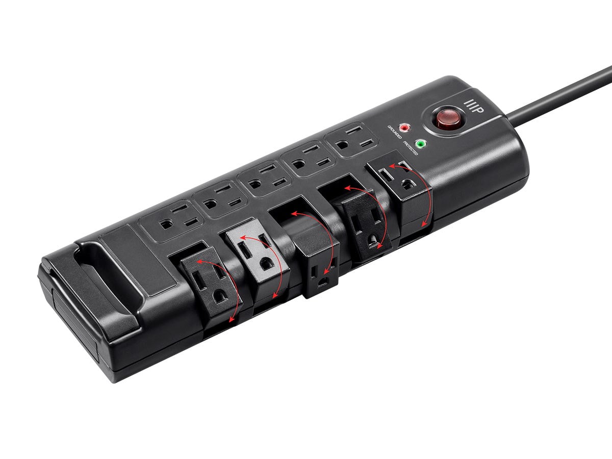 Monoprice 10 Outlet Rotating Surge Protector Power Block / Strip - 8 Feet - Black | 2880 Joules, Heavy Duty Cord