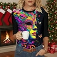 thumbnail image 5 of Tauxra Carnival Print Top for Women 3/4 Sleeve Round Neck Casual Shirt with Colorful Holiday Design for Daily Wear and Home, 5 of 6