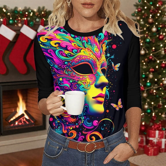 Mceream Mardi Gras Shirts for Women Bling Glitter Carnival Outfits 3/4 Sleeve Tunic Tops Funny Mask Graphic Tees Crewneck Vintage Mask Print Blouses Plus Size Multicolor XXL