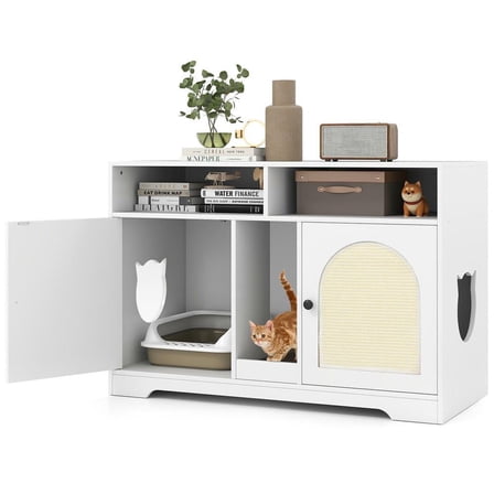 Resenkos 43-Inch Cat Litter Box Enclosure with Storage Shelf and Two Rooms, White