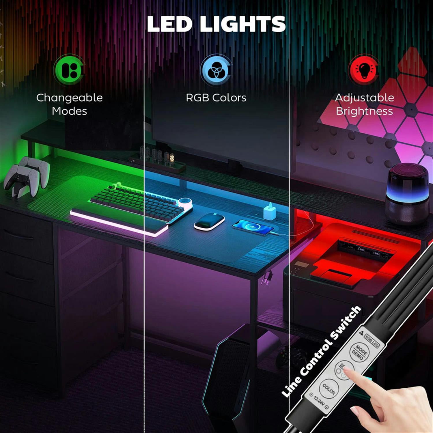 Demi Bonn 67" Office Desk with LED Lights and Power Outlets, Home Computer Desk for Living Room, Office, Study Table PC Desks, Black