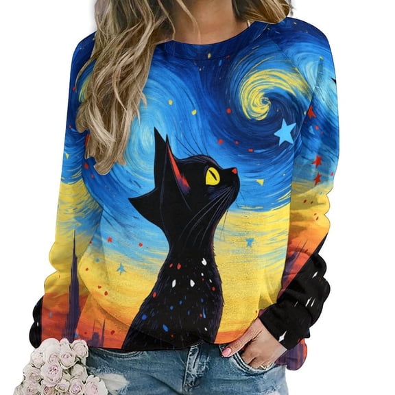 Black Cat Starry Night Women Casual Long Sleeve Hoodie Streetwear Pullovers Top Female Clothing