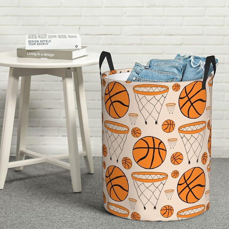 Basketball Balls Sport Theme Round Laundry Hamper Storage Basket Toys Clothes Organizer Bin For Home Bathroom Bedroom Dorm Nursery