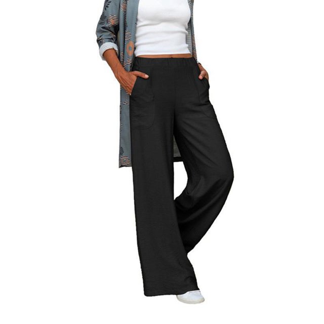 Pantalones de salón de pierna ancha para mujer Bolsillos laterales Cintura elástica de talle medio Ajuste holgado Pantalones casuales cómodos Negro XL