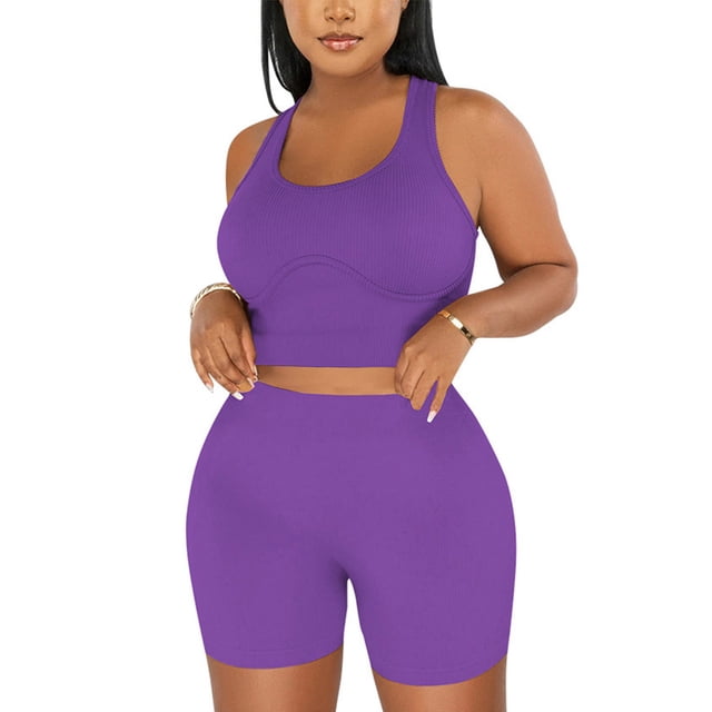 Timegard Workout Sets for Women Ribbed U Neck Cropped Tank Tops Short Leggings Slim Yoga Gym Outfits