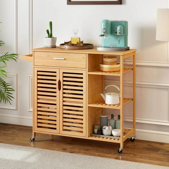 Harmijoy 35.5" Kitchen Island Cart, Bamboo Rolling Storage Sideboard w/ Lockable Wheels, Open Shelves, Towel Bar & 2-Door Cabinet