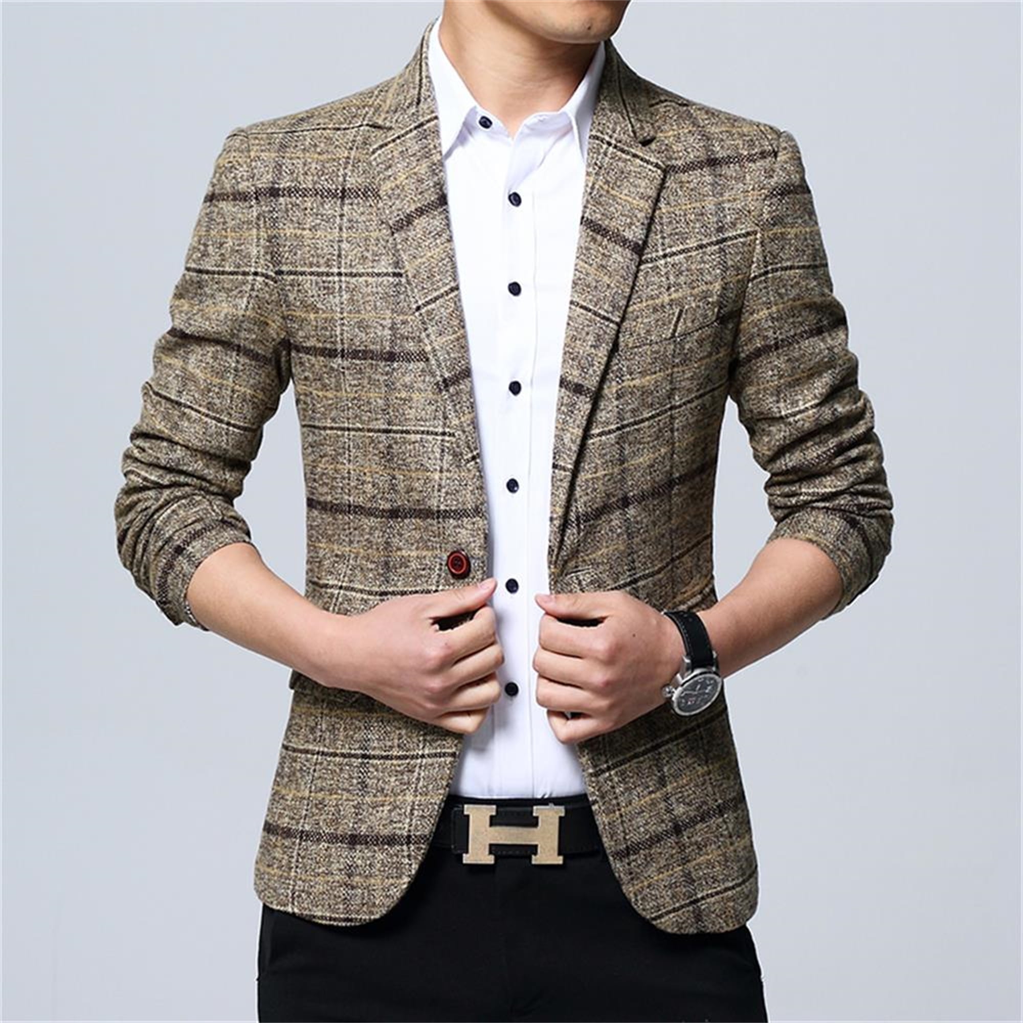 Fensajomon Men Plaid Print Casual Business Slim One Button Dress Blazer Jacket Sport Coat