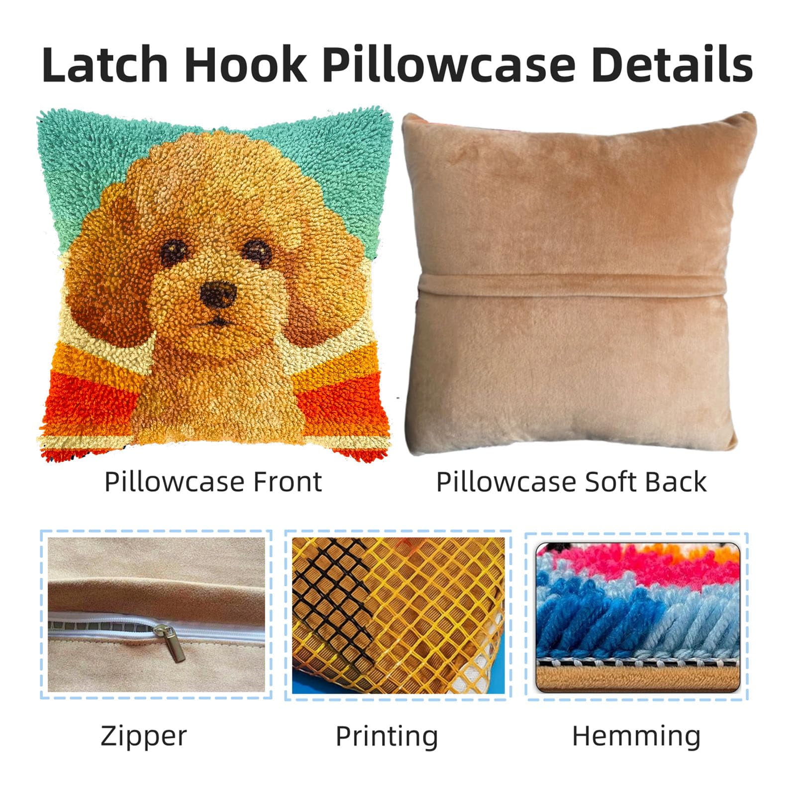 DIY Latch Hook Pillow Kits for Adults Cartoon Cute Poodle Dog Printed Pillowcase Crochet Yarns Hooking Handmade Pillow Cover Cushion for Home Sofa Decor 17x17inch(14)