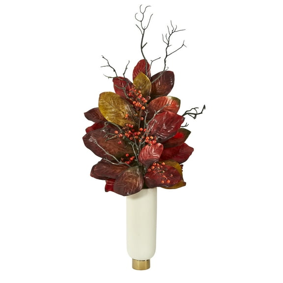 Nearly Natural 38" Autumn Magnolia Leaf with Berries Artificial Plant in Cream Planter with Gold Base, Red