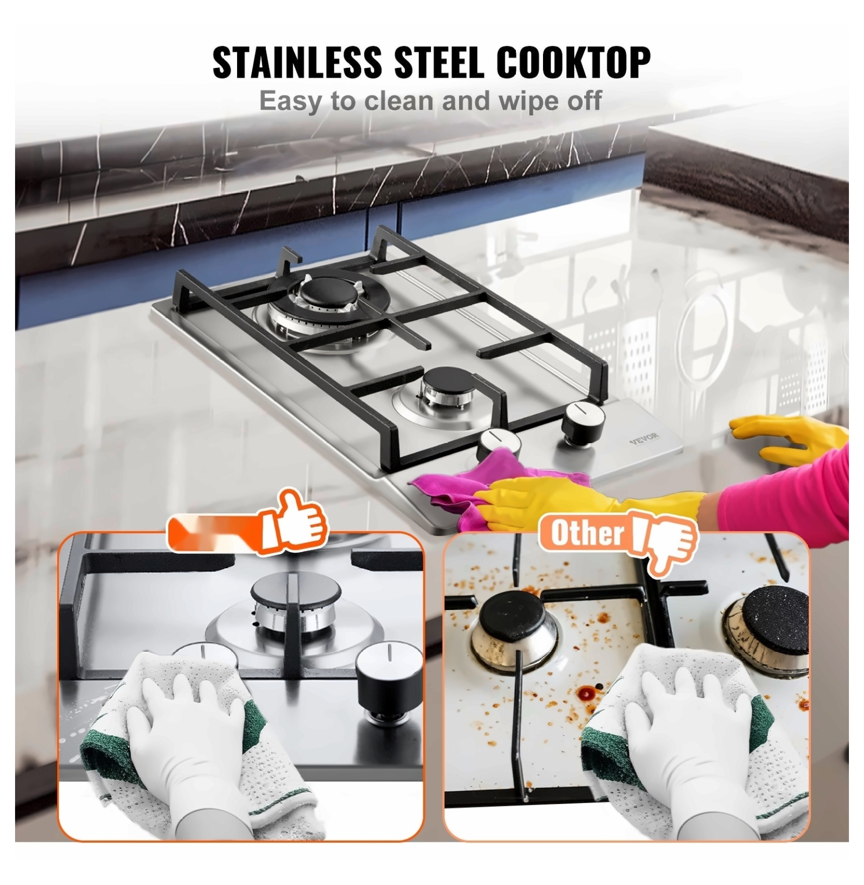 Gas Cooktop 12 Inch, 2 Burner Stainless Steel Stove Top - 12250BTU Dual Fuel Hob, LPG/NG Convertible, Thermocouple Safety